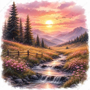 May include: A landscape painting of a mountain valley at sunset with a flowing stream in the foreground. Tall pine trees stand on the left, a wooden fence lines the grassy meadow, and pink wildflowers bloom along the rocky banks of the water.