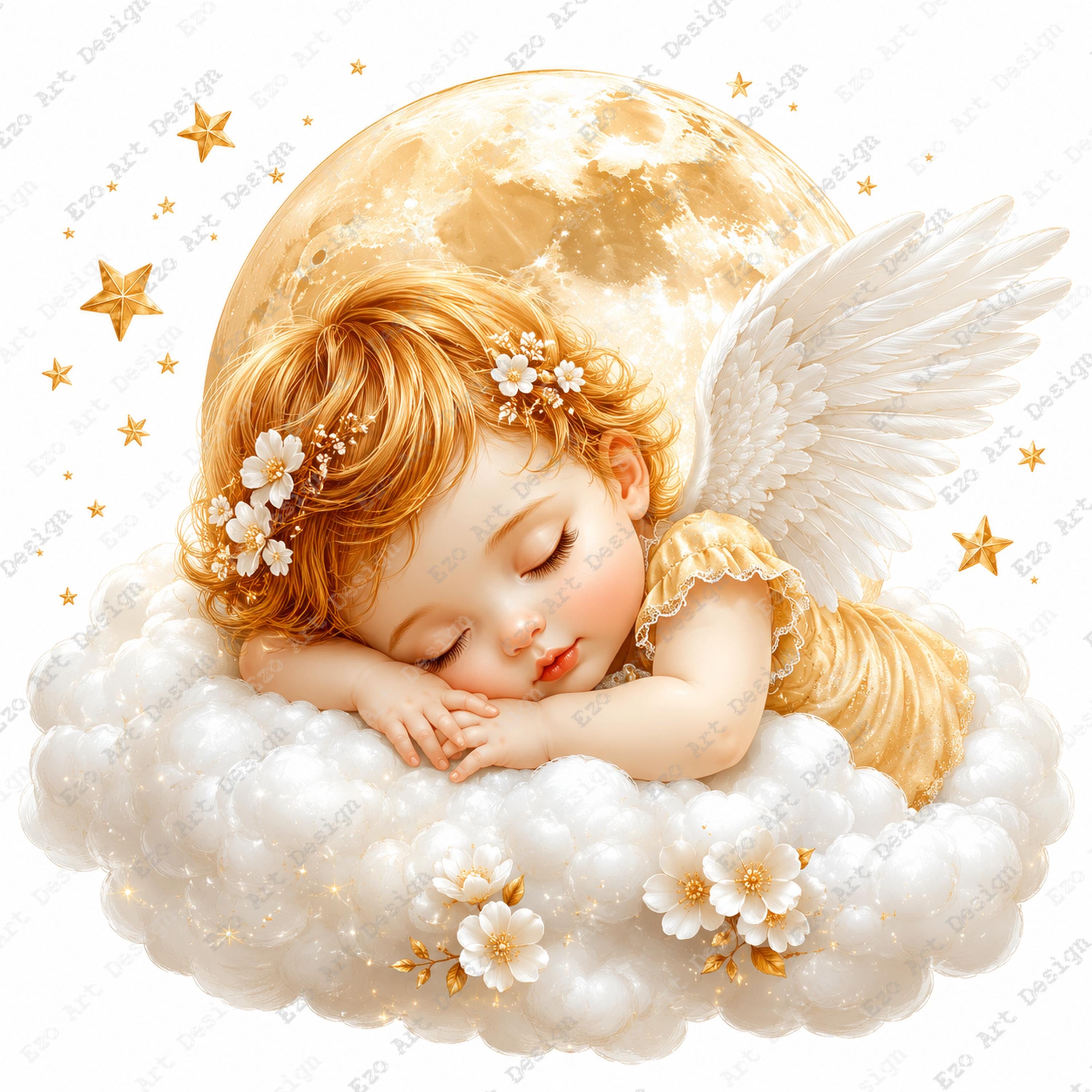 天使の子供 リラの絵画 金色フレーム 眠る天使のクリップアート、赤ちゃんの天使の雲と月のデザイン、金色の