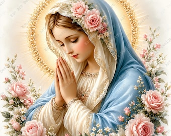 Virgin Mary Clipart, Floral Rose Madonna Prayer Design, Catholic (Digital Download)