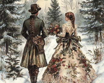 Victorian Christmas Clipart, Winter Couple Watercolor Printable, Snowy Holiday Scene Art (Digital Download)