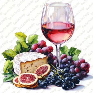 May include: Watercolor illustration of a wine glass filled with red wine, accompanied by grapes, cheese, and sliced citrus fruit. Green leaves add a natural touch to the composition. The image has a white background with the text "Ezo Art Design" repeated.