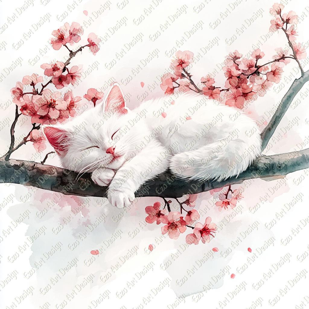 Cherry Blossom Cat Clipart, Watercolor Sleeping Kitten, Sakura Flowers ...