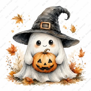Imágenes prediseñadas de fantasmas adorables, láminas para imprimir de un campo de calabazas, arte otoñal de Halloween (descarga digital) imagen 2