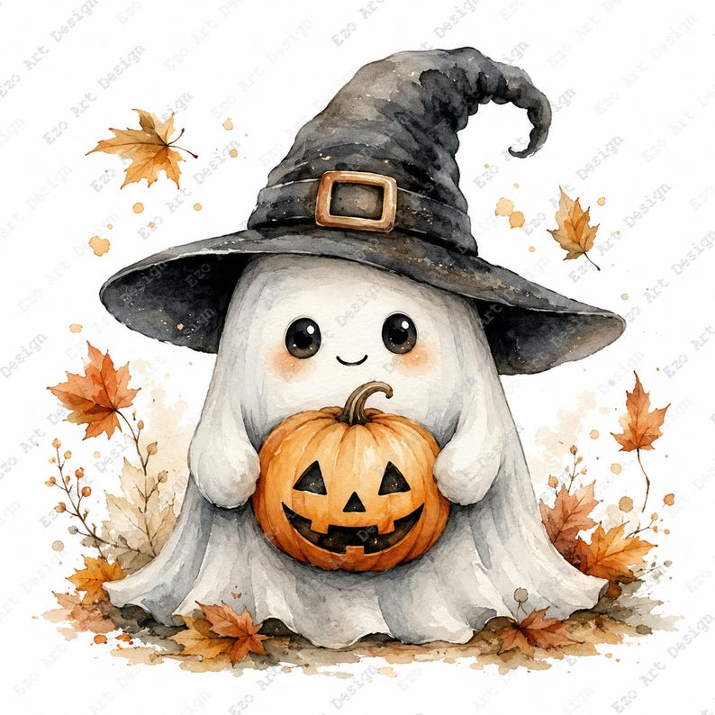 Imágenes prediseñadas de fantasmas adorables, láminas para imprimir de un campo de calabazas, arte otoñal de Halloween (descarga digital) imagen 2