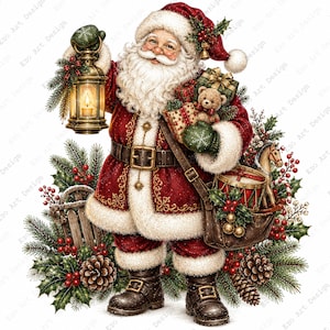 May include: A Santa Claus figure wearing a red coat with white fur trim, a matching hat, and black boots. Santa holds a lit lantern and carries a brown leather bag filled with a teddy bear, a drum, and a toy horse, surrounded by pine branches.