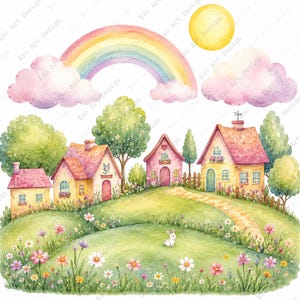 Peut inclure: Illustration à l'aquarelle d'une scène de village fantaisiste avec des maisons colorées, un arc-en-ciel et un soleil. Les maisons ont des toits roses et jaunes, et la scène comprend des arbres, des fleurs et un petit lapin blanc. Le texte "Ezo Art Design" est visible.