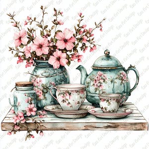 Bloemen keukengerei clipart, shabby chic theepot, vintage keuken (digitale download)