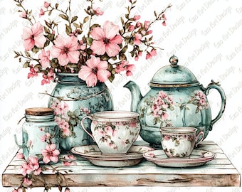 Floral Kitchenware Clipart, Shabby Chic Teapot, Vintage Kitchen (Digital Download)