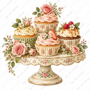 Puede incluir: Cuatro cupcakes dispuestos sobre un soporte para pasteles con estampado floral. Los cupcakes tienen glaseado rosa y blanco, decorados con fresas frescas, frambuesas y pequeñas flores blancas. El soporte y los moldes tienen rosas rosas.