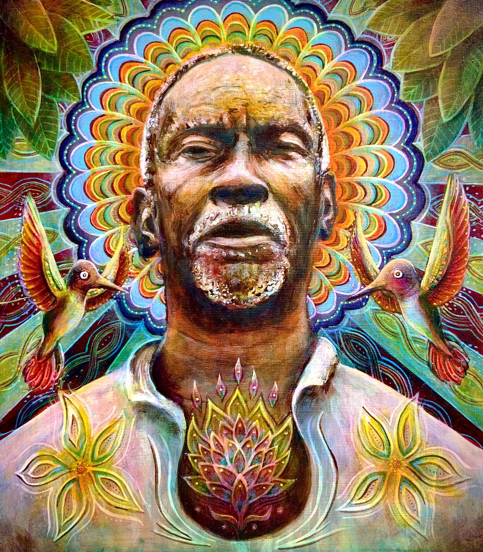 Free picture: Colorful abstract poster of Jimi Hendrix playing a guitar in  a psychedelic pop art style, image size:2000x2287