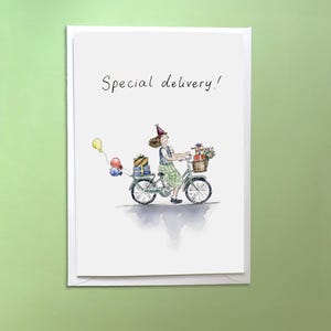 Carte d'anniversaire spéciale livreuse à vélo