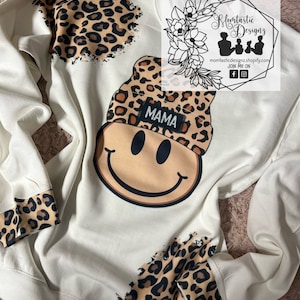 Smiley Mama Sweater With Leopard Patches and Cuffs, Cheetah Print Patches, Mama Hat