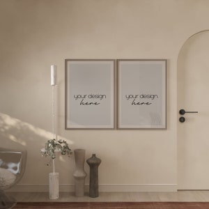 Digital Frame Mockup, Modern Interior Mockup, Minimalist Two Vertical Frame Mock Up in Living Room, Entryway, Editable Mockup for Prints