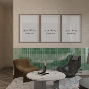 3 Frame Digital Mockup in Office, Loung, Digital Poster Mockup with Reflection for Prints