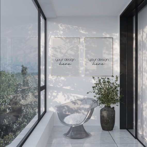 Reflectional 2 Frame Mockup for Printable Poster, Digital Modern Frame Mockup in Balcony, Terrace Interior