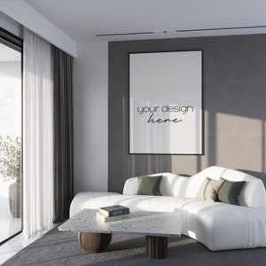 Art Print Digital Mockup in Modern Interior, Picture Frame Mock Up in Minimalist Interior, Single Black Frame Art Mockups