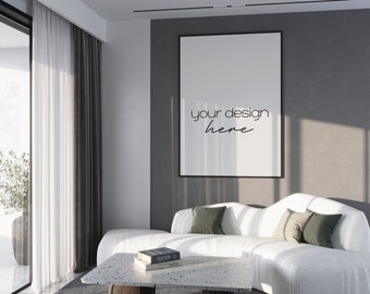 Art Print Digital Mockup in Modern Interior, Picture Frame Mock Up in Minimalist Interior, Single Black Frame Art Mockups