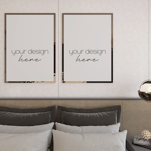 2 Vertical Frame Mockup for Valentine&#39;s Day Drawing Art in Bedroom, Digital Art Print Mock Up in Romantic Interior