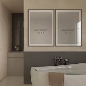 2 Digital Frame Mockup in Bathroom, Bathroom Mockup for Prints, Interior Mock Up with Beige Frame