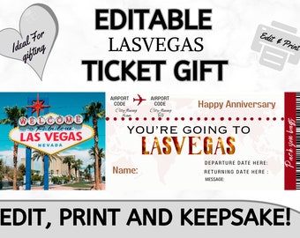 Editable Vacation Ticket Stub | Las Vegas Vacation Ticket Template | Printable Keepsake | Custom Ticket Memorabilia | Surprise Ticket Gift