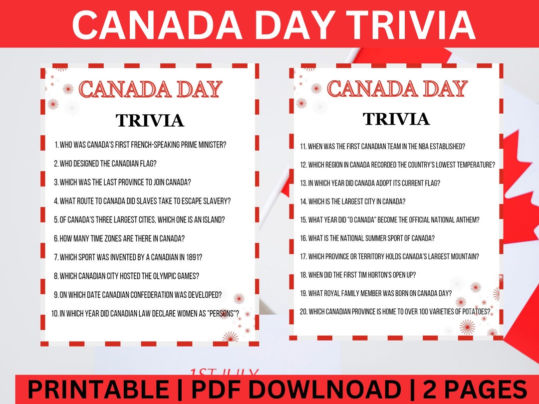 Canada Day Trivia Quiz Game Printable Instant Download Party Game Night