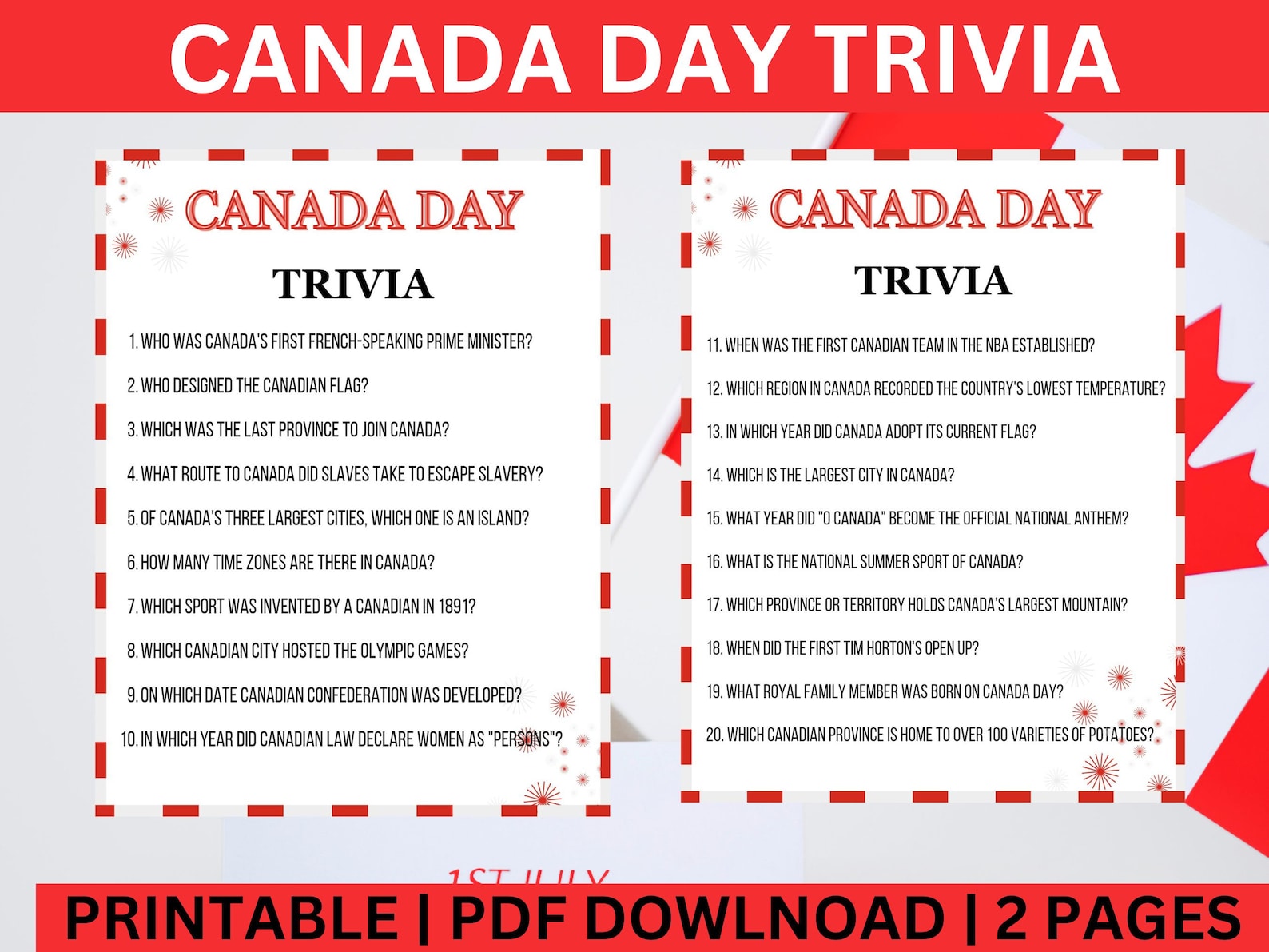 Canada Day Trivia Quiz Game Printable Instant Download Etsy
