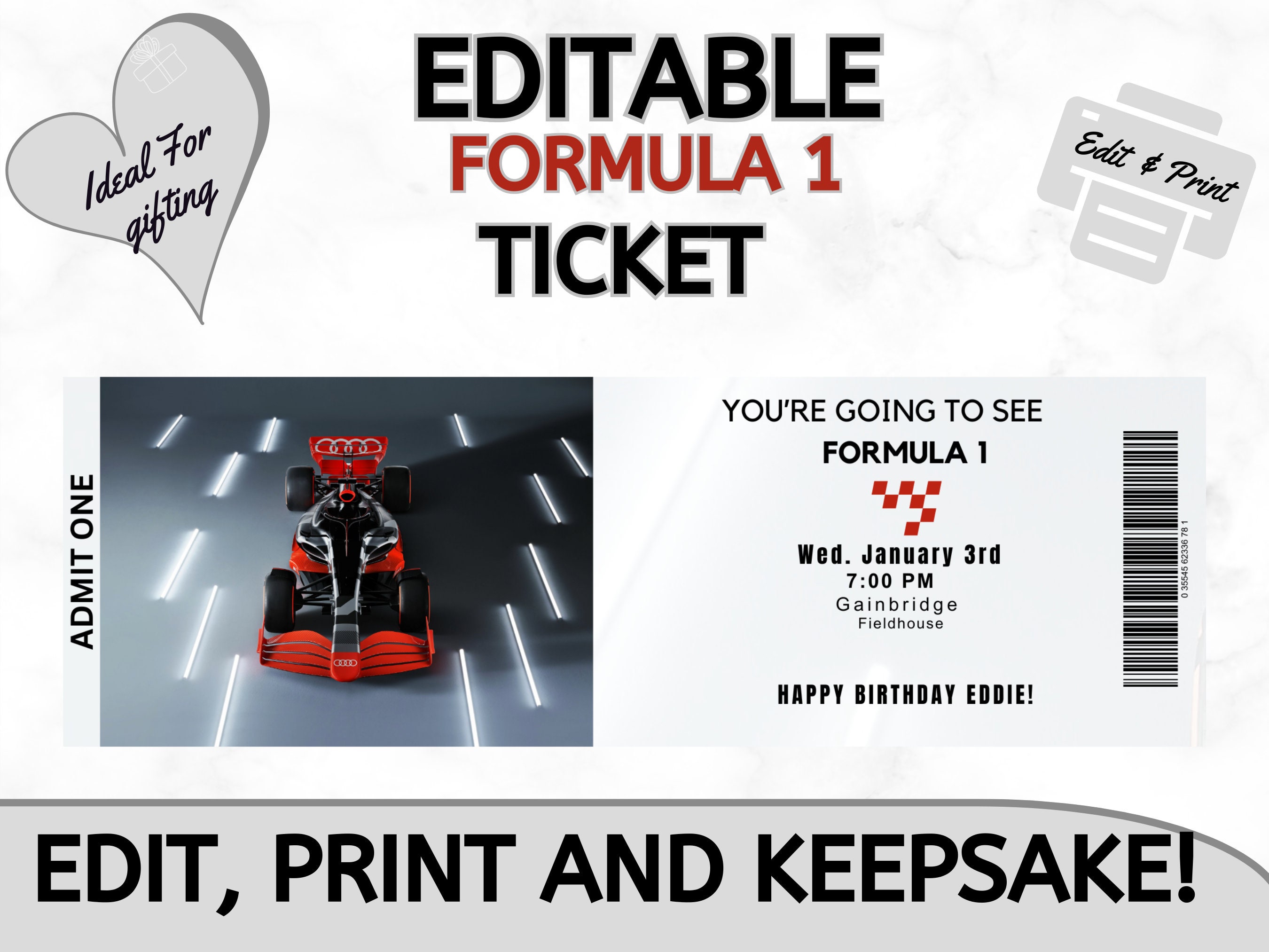Editable Formula 1 Ticket , F1 Merch, , Formula 1 Ticket Template, Formula 1 Gift Ticket