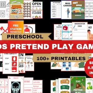 以下が含まれることがあります： 幼稚園児向けの印刷可能なごっこ遊びゲームのコレクションです。ゲームには、食料品店、郵便局、消防署、動物病院、動物園など、さまざまなテーマがあります。印刷可能なシートは8.5x11インチです。