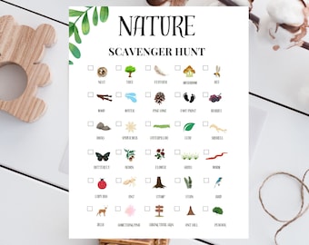 May include: A printable nature scavenger hunt checklist with illustrations of items to find outdoors, such as a nest, tree, feather, mushroom, bee, wood, water, pine cone, footprint, berries, rocks, spider web, caterpillar, leaf, squirrel, butterfly, acorn, flower, grass, worm, ladybug, ant, stump, fern, bird, deer, something pink, hiking trail sign, ant hill, and a woodchuck.
