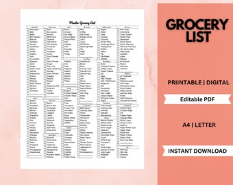 Master Grocery List Printable Template|Grocery Planner|Food Shopping List Digital Grocery List |A4/A5/Letter/Half Size|Instant Download PDF