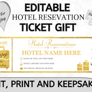 Talon de billet modifiable pour réservation d&#39;hôtel | Modèle de billet de vacances | Souvenir physique | Billets souvenirs personnalisés | Billet cadeau surprise