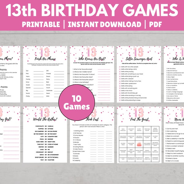 13th Birthday Games 13th Birthday Party Games 13th Birthday Girl Party Teen Birthday Teen B1rthday Games 13th Games Printable Birthday party