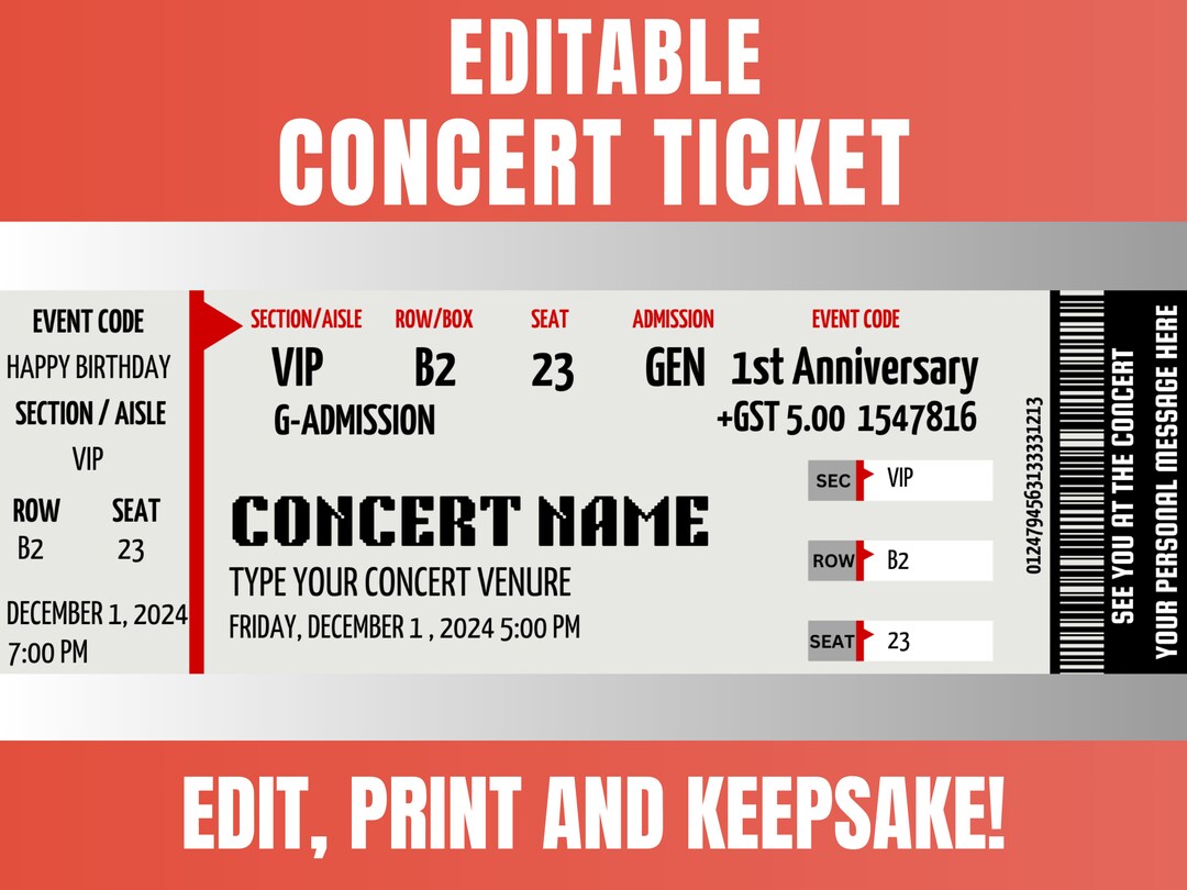 Editable Concert Ticket Stub Printable Ticket Keepsake Custom Movie