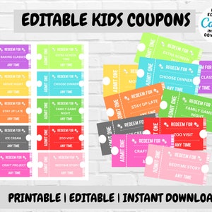 Printable Kids Coupons,, Kids Reward Coupon, Kids Reward Template, Birthday Coupon, Editable Kids Coupons Editable Coupon Book Reward Coupon