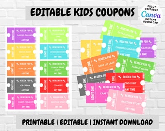 Printable Kids Coupons, Editable Coupon Book, Kids Reward Coupon, Kids ...