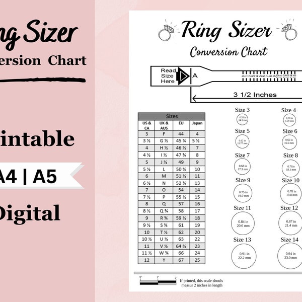 Ring Size Chart Printable Ring Sizer | Conversion de taille de bague | International Ring Size Finder | Measure Ring Size | Instant Download