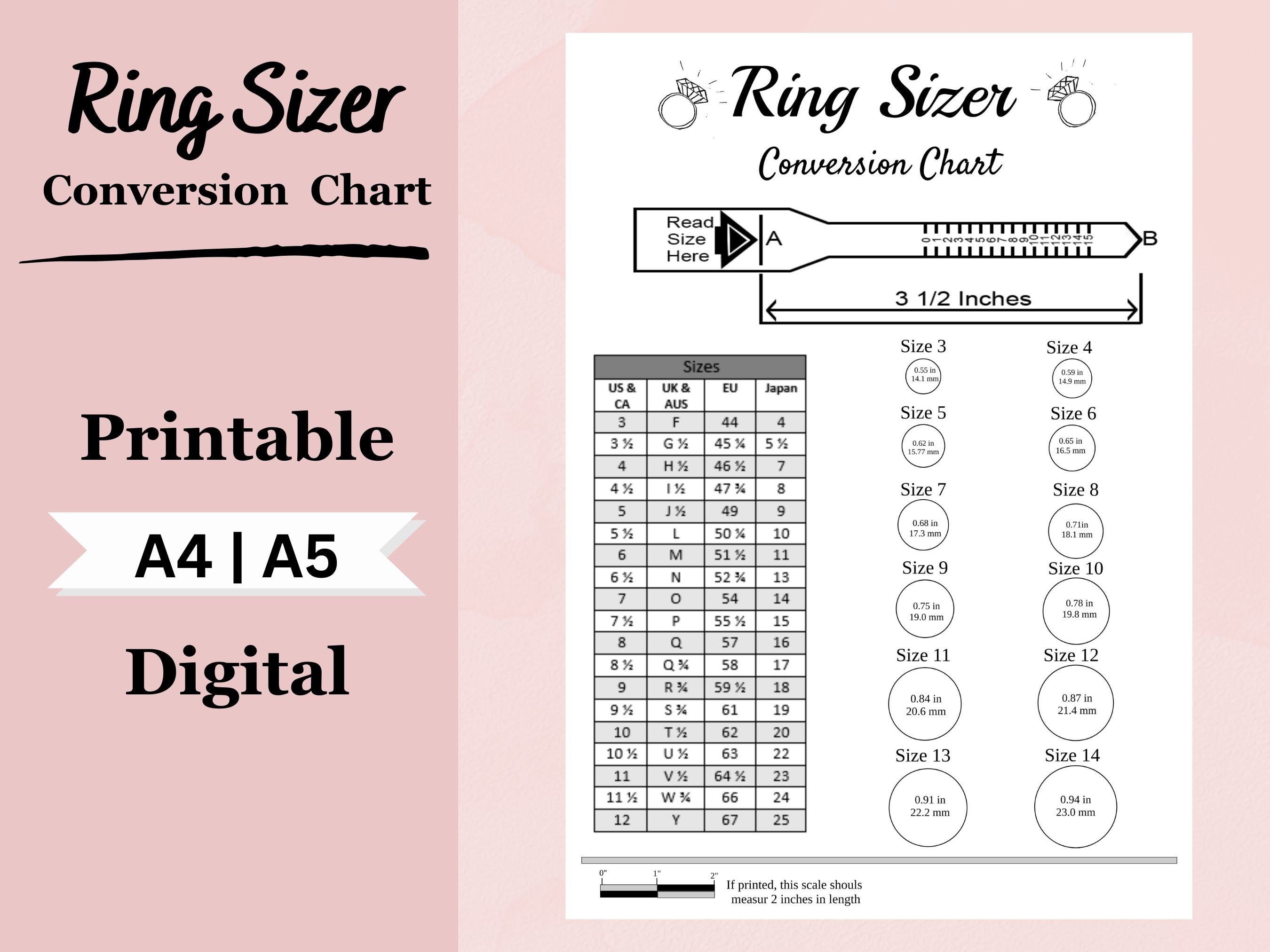 Printable Ring Sizer Accurate Ring Size Finder Measuring Tool International Ring  Size Chart Measure Finger Instant Download 