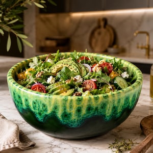 Pode incluir: Uma taça de cerâmica grande e redonda com um esmalte reativo que apresenta um gradiente de verde floresta profundo na base, passando para um verde lima brilhante e salpicado na borda, cheia de uma salada fresca de vegetais, abacate, tomate e queijo.