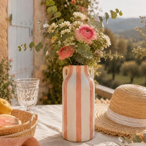 Puede incluir: Un jarrón de cerámica con rayas verticales de color melocotón y dos asas laterales, lleno de un ramo de ranúnculos rosas, margaritas blancas y ramas de eucalipto. El jarrón se encuentra sobre una mesa junto a un sombrero de paja y un vaso.