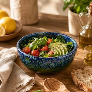 Può includere: Una ciotola rotonda in ceramica con una finitura smaltata reattiva blu profondo e verde, riempita con un'insalata fresca contenente avocado a fette, pomodorini tagliati a metà e foglie di basilico verde, presentata come un pasto vivace e colorato.
