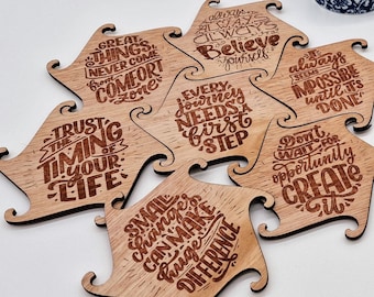 Laser-Engraved Wood Coasters: Set of 7 Motivational Quote Coasters