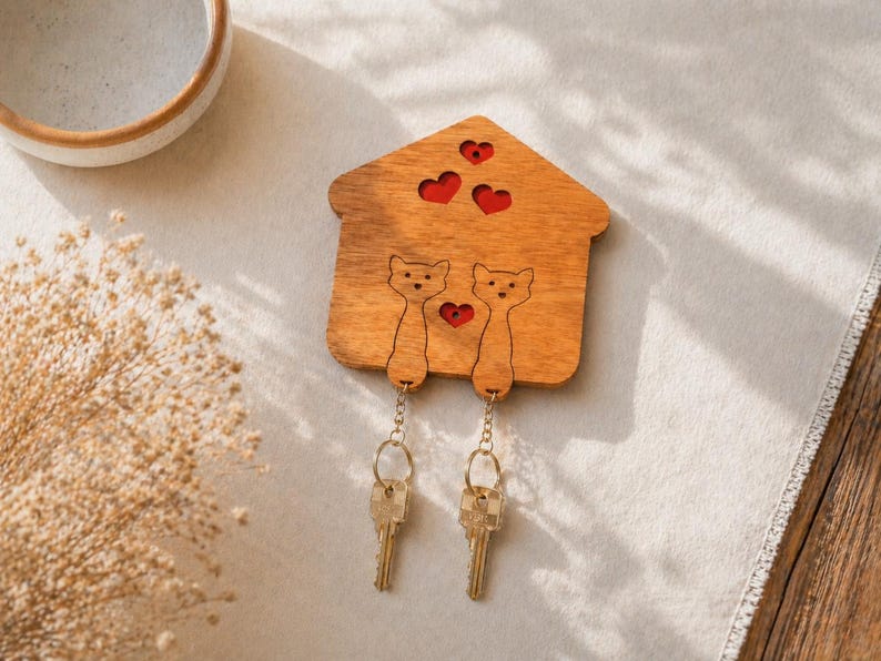 May include: Wooden key holder shaped like a house, featuring two cat silhouettes and three heart cutouts. Two keys hang from the bottom. The key holder is made of light brown wood and sits on a white surface.