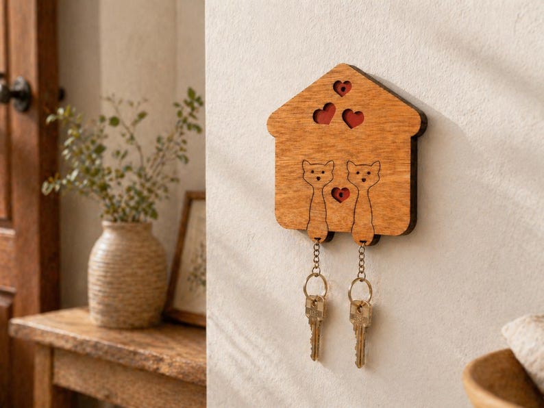 May include: Wooden key holder shaped like a house, featuring two cat silhouettes and heart cutouts. The key holder is made of light brown wood and has two keychains with keys attached. A decorative item for home organization.