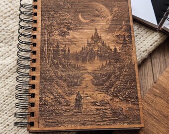 Handcrafted Wooden Sketchbook with Fantasy Engraving
