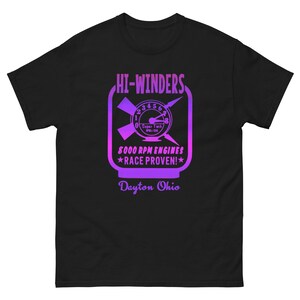 May include: Black t-shirt with a purple and pink graphic of a vintage-style speedometer with the text "HI-WINDERS", "8000 RPM ENGINES", "*RACE PROVEN!*", and "Dayton Ohio".