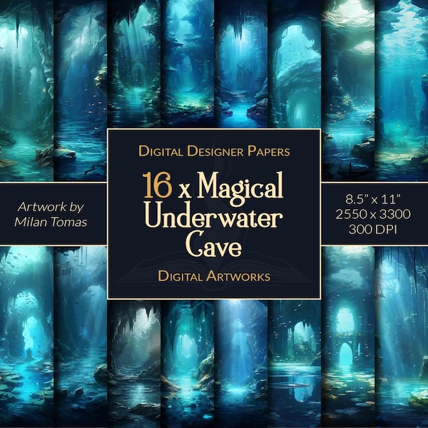 Magical Underwater Cave Digital Artworks Pack | Set of 16 Digital Papers | Scrapbook Paper | Junk Journals | DIY Crafts