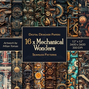 Steampunk Gears Seamless Patterns: Mechanical Wonders Digital Paper (Digital Download)
