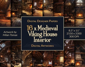 Medieval Viking House Interior Digital Artworks Pack | Set of 16 Digital Papers | Scrapbook Paper | Junk Journals | DIY Crafts