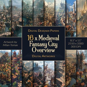 Pode incluir: Um pacote de papel digital com 16 imagens de uma cidade medieval de fantasia. As imagens são de 8,5 polegadas por 11 polegadas e 300 DPI. A obra de arte é de Milan Tomas.