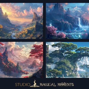 May include: Four digital paintings of fantasy landscapes with waterfalls, mountains, and trees. The paintings are in a grid format with a blue background.